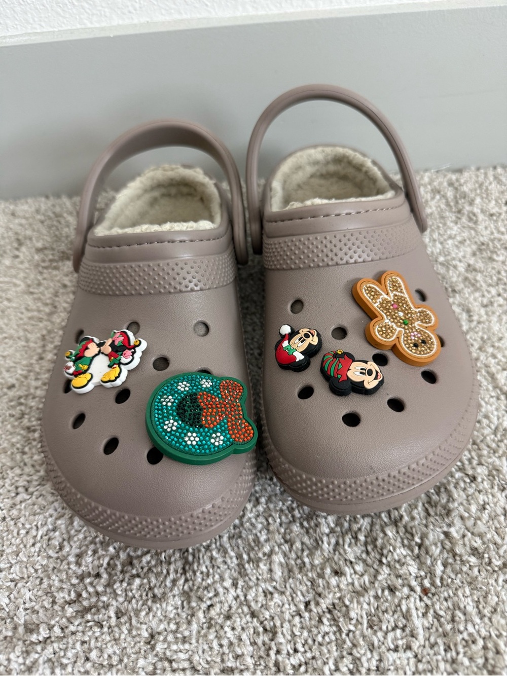 Disney CROCS Taupe Fuzzy-Lined with Holiday Jibbitz
